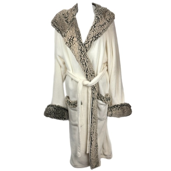 Vegan Pottery Barn Spa Comfy Faux Fur Wrap Around Tie Fleece Robe w Hood, Sz. L - Picture 1 of 11